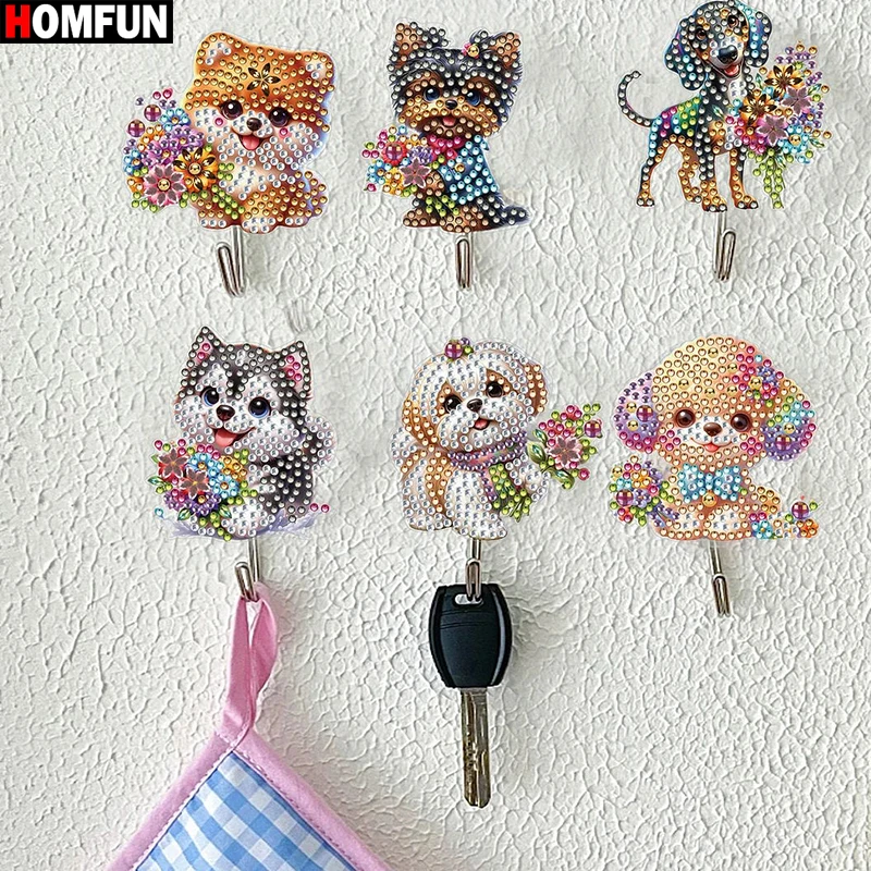 

HOMFUN 6pcs/set DIY Special-shaped Dog Flower Diamond Painting Wall-mounted Key Hook Kit Rhinestone Embroidery Home Decor Gift