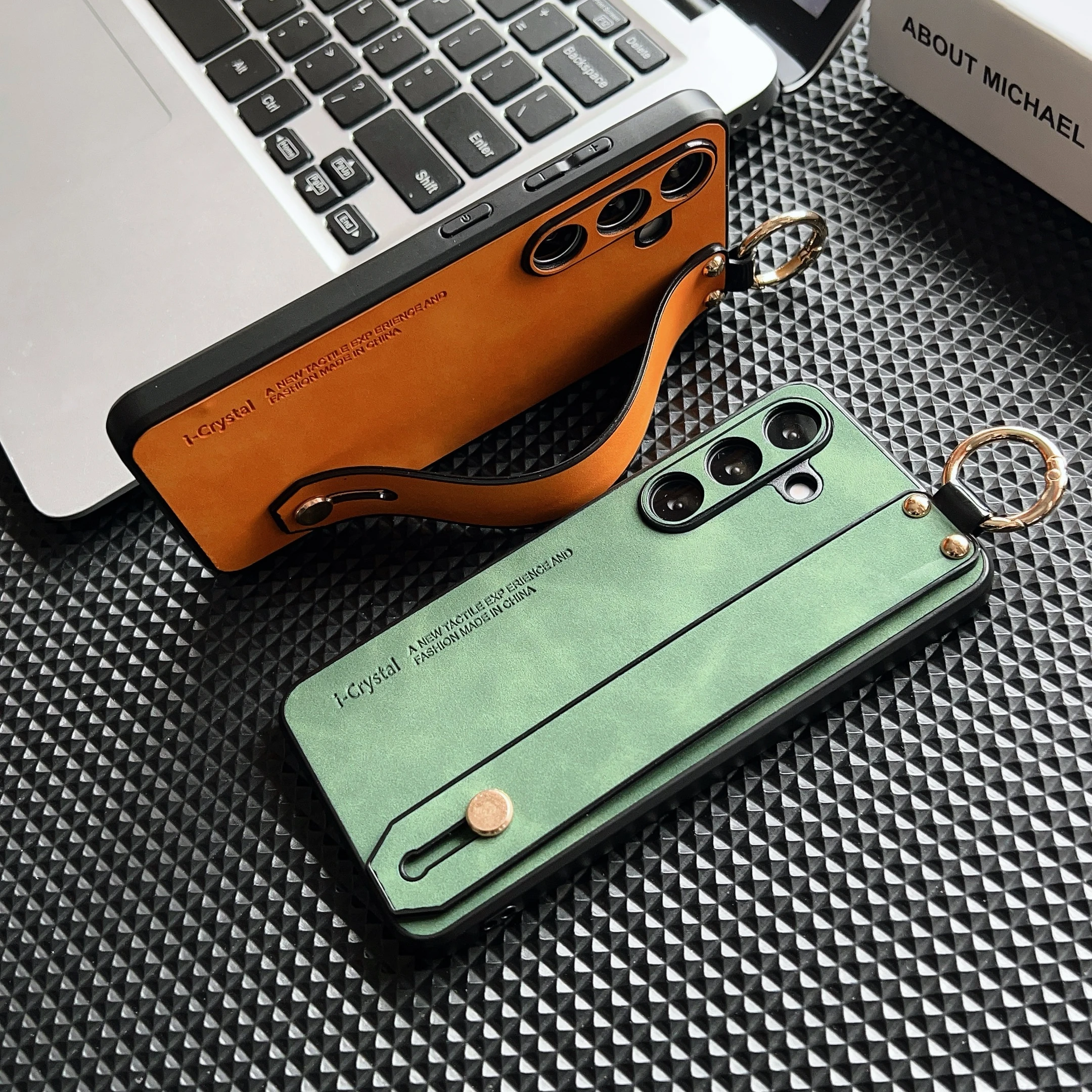 Luxury Sheepskin Leather Wrist Strap Phone Case - Shockproof Matte Hard Cover