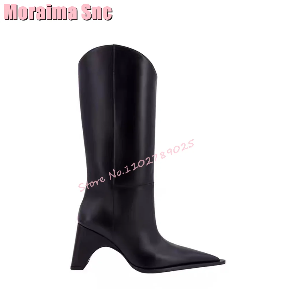 

New Fashion Strange Heel Mid Calf Boots Pointed Toe Slip On Women's Chelsea Boots Block Heeled Black Solid Winter Ladies Shoes