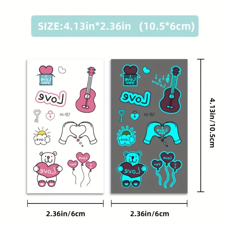 12 Pieces of Blue Glow Music Tattoo Stickers-Glow Guitar, Notes, Butterflies, Fairies, Feathers, Hearts-Perfect