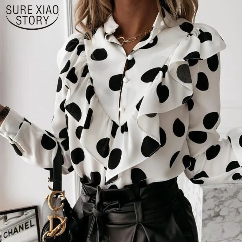 Long Sleeve Ruffled V-neck Blouse for Women Chiffon Shirt Polka Dot Elegant Lady Clothing Office Spring Autumn 12253