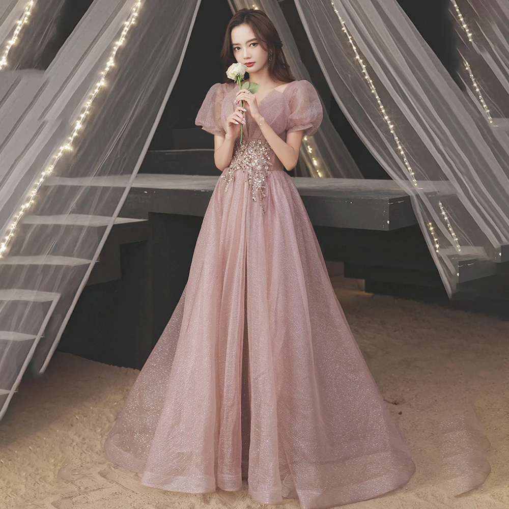 

Pink Summer Puff Sleeve Dress Temperament Celebrity Long Dress French Dress A-line Skirt High Waist Women's