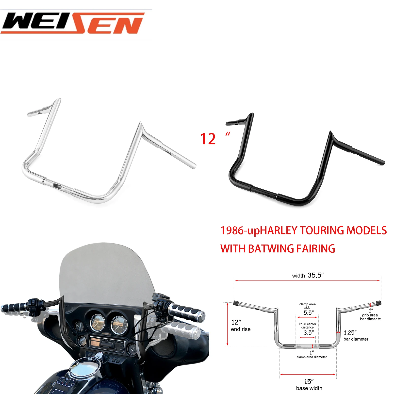 Moto 12 "Meathook Bar Ape Hangers Manubri Per 1986-2024 Harley Touring Electra Glide Street Glide Tri Glide Accessori