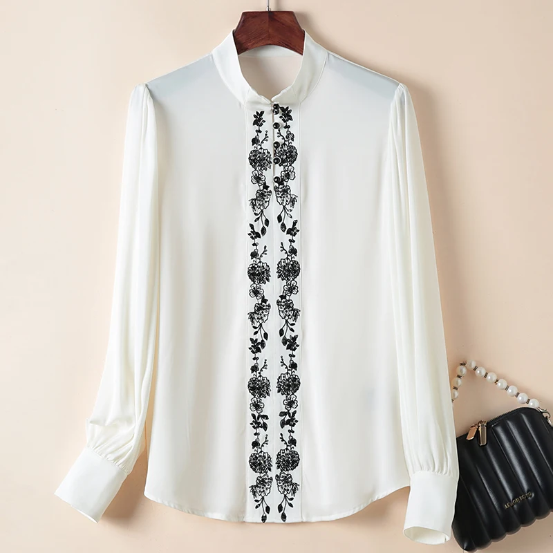 

Real Silk Women's White Shirt Spring Autumn Elegant Fashion Shirts Blouses For Women Embroidery Floral Vintage Blouse Loose Tops
