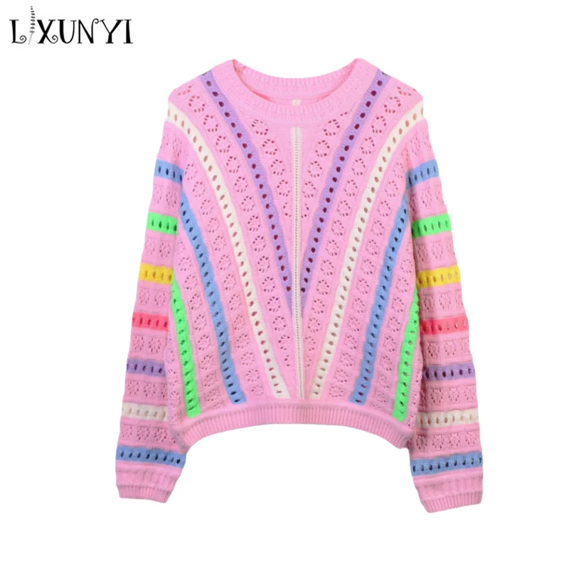 

LXUNYI Korean Style Sweater Iridescence Hollow Out Loose Batwing Sleeve Fall O Neck Knit Designer Jumper Stripped Sweaters Women