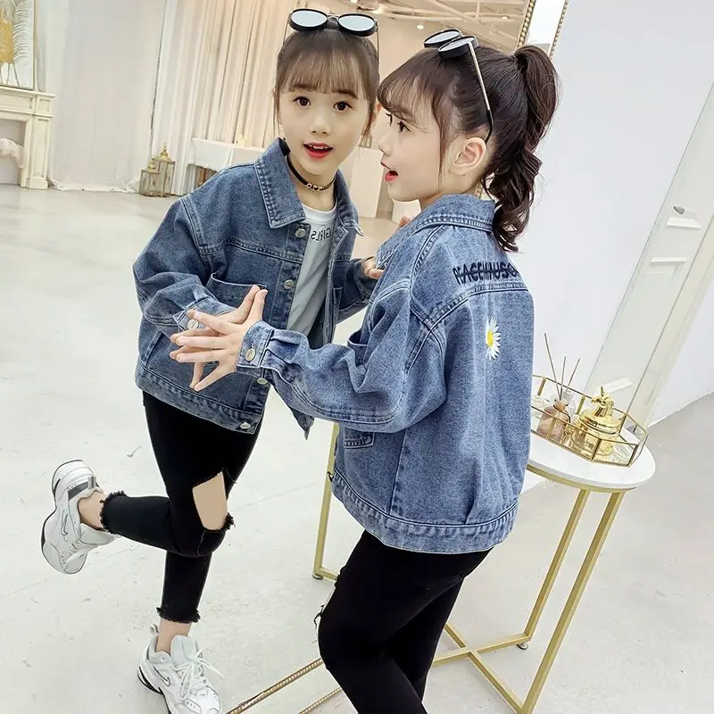 

Демисезонная джинсовая куртка для девочек, верхняя одежда для девочек-подростков, осень 2023