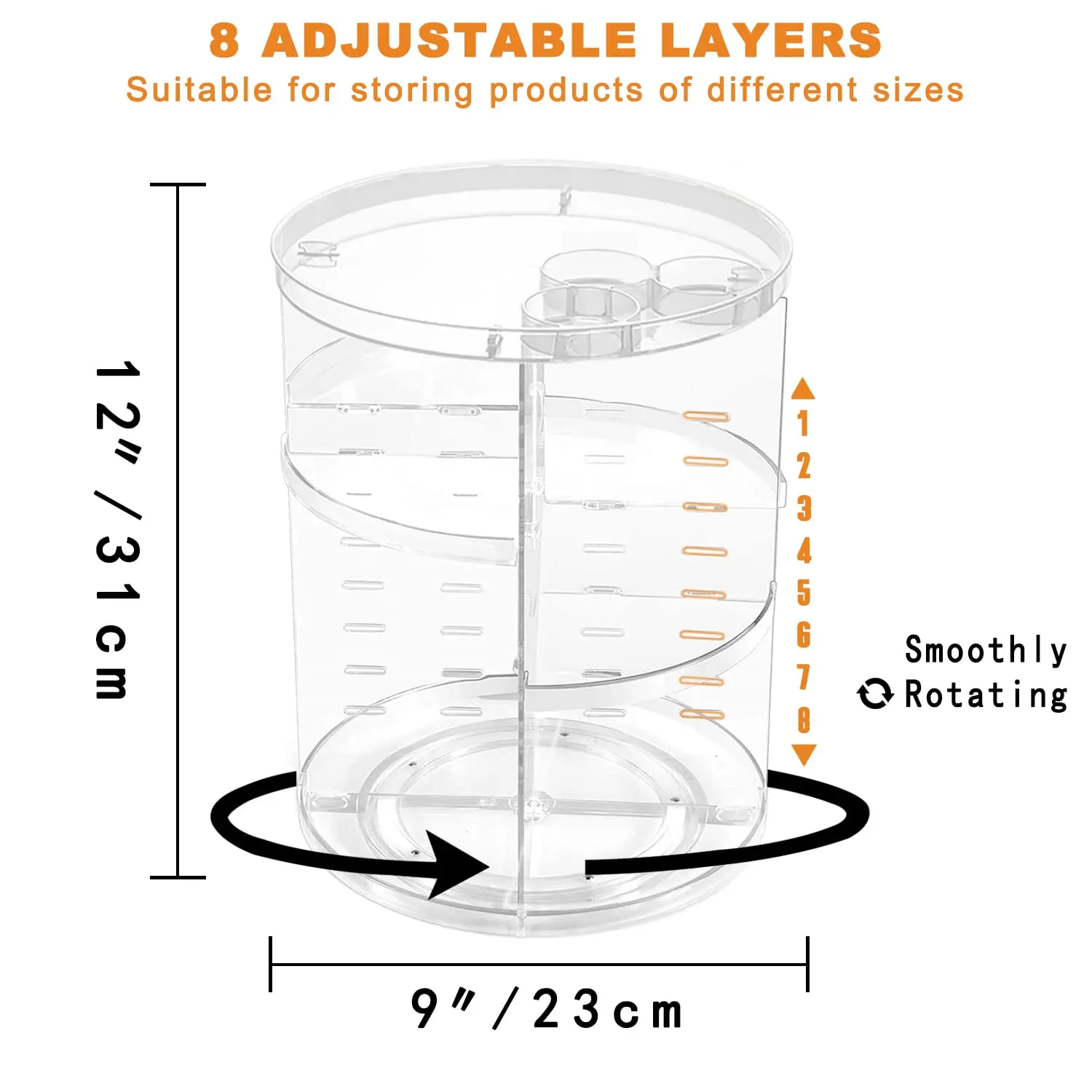 Rotating Makeup Organizer, Adjustable Layers Spinning Skincare Organizer, Cosmetic Display Case with Brush Holder Perfume Tray 4