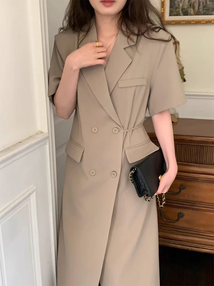우아한 여름 더블 행 단추 꽉 허리 슬리밍 중간 길이 정장 드레스 여성의 세련된 겨울 공식 비즈니스 복장 