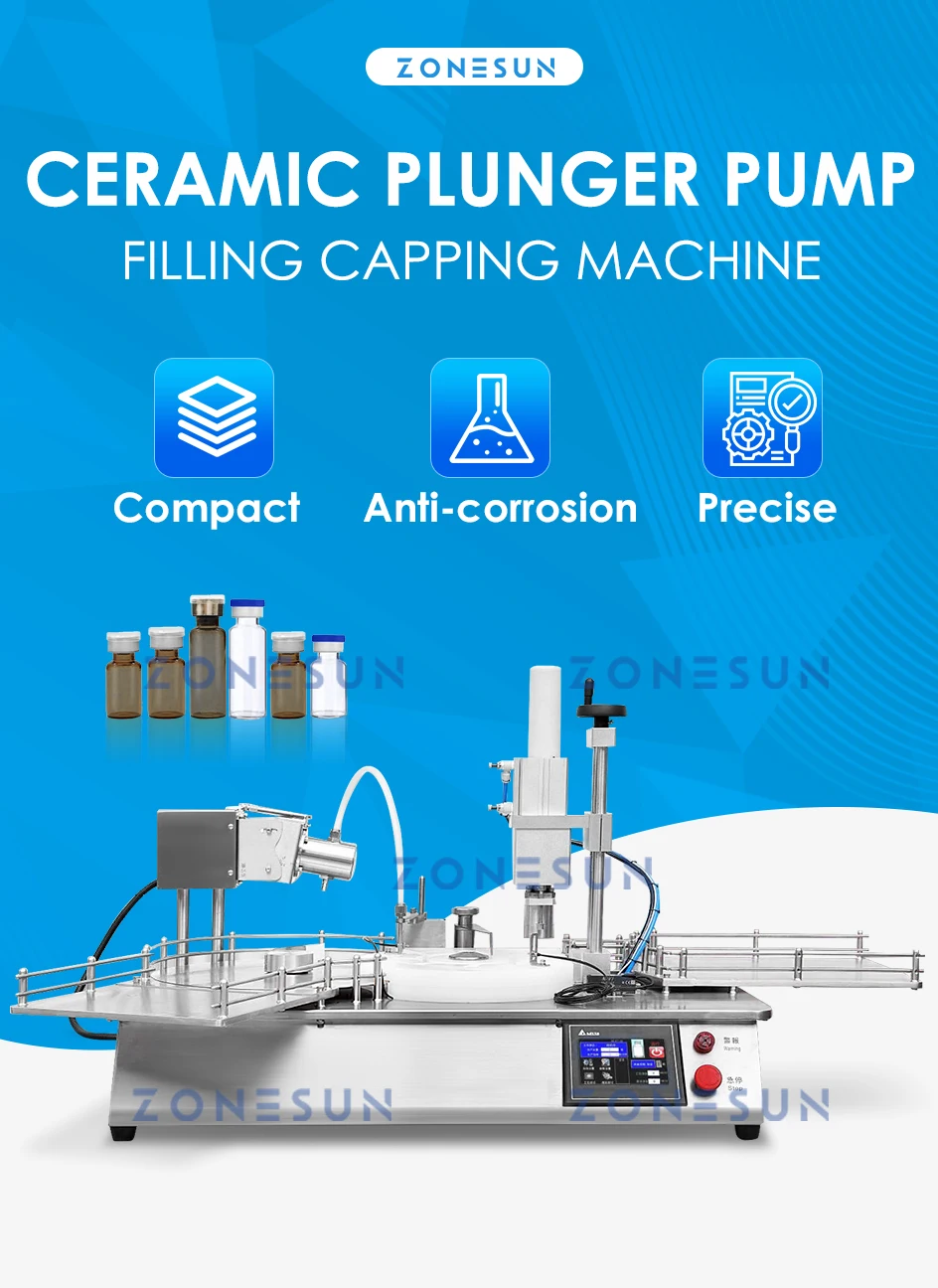 ZONESUN 0.14ml-25ml Automatic Small Vial Bottle Filling Sealing Machine Biological Reagents Oral Liquids Dropper ZS-XBFC20