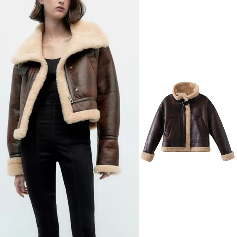 

TRAF ZR Winter Coat for Women New In Jackets Leather Suede Perfecto Leather Sheepskin Coat for Women Wool Female Coat Winter