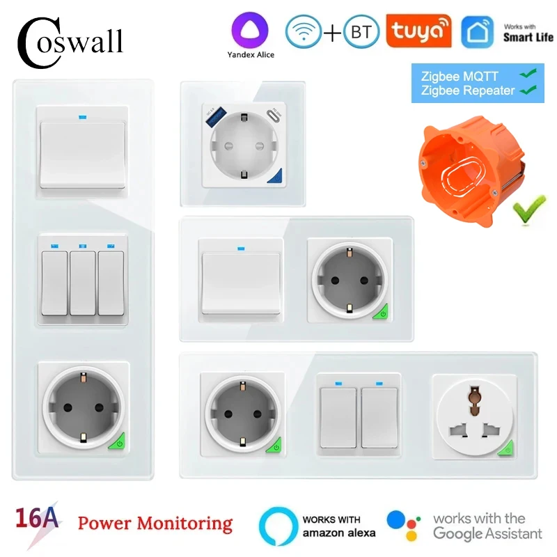 COSWALL Smart Wall Socket DIY Module WiFi Zigbee, EU wall socket PD 20W Type C Type A dual USB fast charger power monitoring Alice