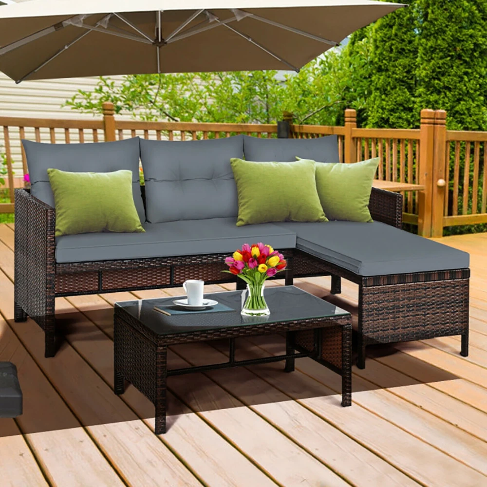 3 Piece Set Corner Sofa Outdoor Rattan Sofa Set Includes Lounge Chaise Loveseat & Coffee Table Patio Garden Backyard Furniture