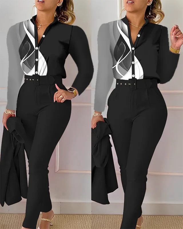 

Элегантный женский комплект из двух предметов, новый осенний Модный Топ с длинным рукавом и принтом, однотонные брюки, комплект с блузкой с поясом, женская одежда