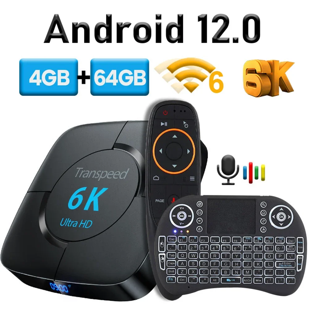 

Transpeed Android 12.0 TV Box Voice Assistant 8K 6K 3D Wifi6 BT5.0 2.4G&5.8G 4GB RAM 32G 64G Media player Very Fast Box Top Box