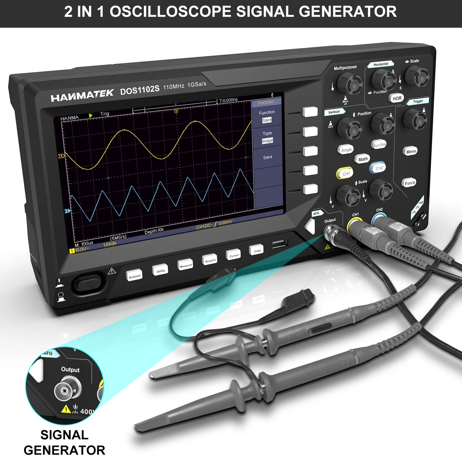 Hanmatek 2 in 1 Digital Oscilloscope 2 channel 100MhZ Signal Generator