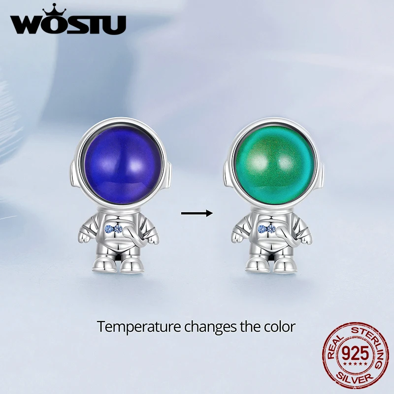 WOSTU 925 Sterling Silver Moonstone Astronaut Charm Rainbow Space Necklace Pendant Heart Beads Fit Original Bracelet DIY Gift