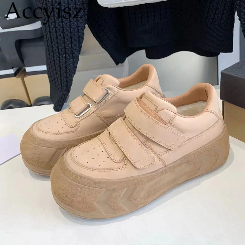 

Winter Round Toe Platform Flat Casual Shoes Women Genuine Leather Adjustable Band Breathable Sneakers Thick Soled Walking Shoes
