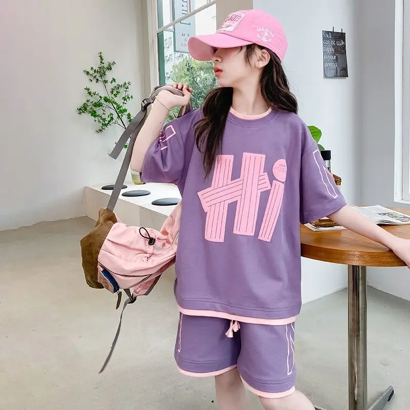 어린이용 편한 반팔 반바지 투피스 세트, 3-16 세 여아용 레터 스포츠 반바지 세트 세트, 2024 여름 신상