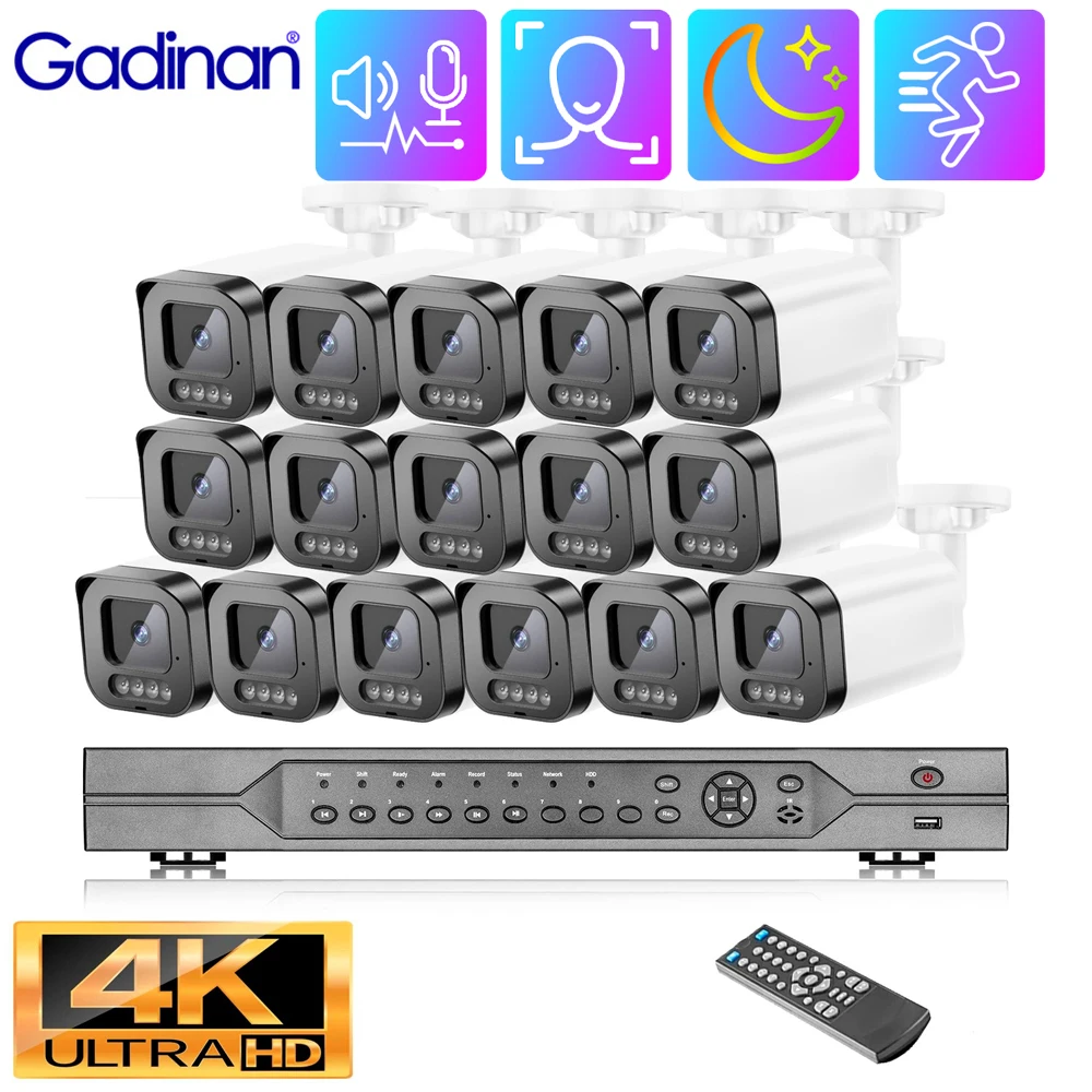 

Gadinan HD 4K 16CH NVR Outdoor Full Color Night Vision Face Detection POE 8MP Security Camera System CCTV Video Surveillance Kit