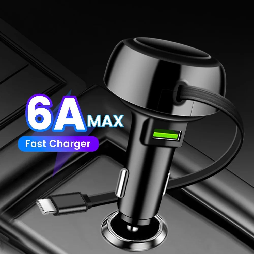 Car Charger Car Phone Charger 66W Car Charger Fast Charging USB Car Charger With Retractable Type C Cable Multi-Function for Xiaomi Samsung Huawei