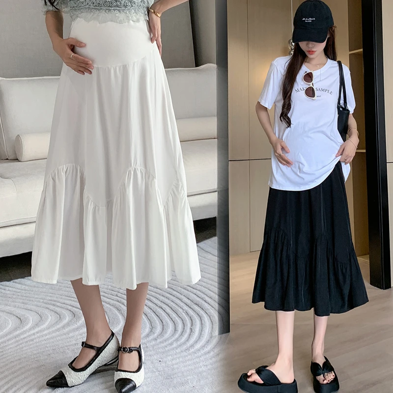 French Style Pregnant Woman High Waist A-line Summer Lightweight Maternity Skirt Umbrella Irregular Ruffles Skirt Black White