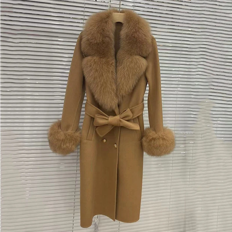 NONE Long Women Coat Wool Cashmere Fox Fur 10