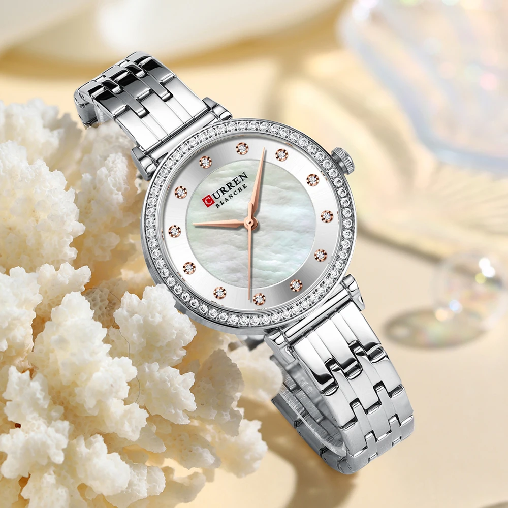 CURREN Luxury Slim Women's Watch Two Tone Stainless Steel Band Mother of Pearl Dial with Rhinestones Elegant Quartz Wristwatch