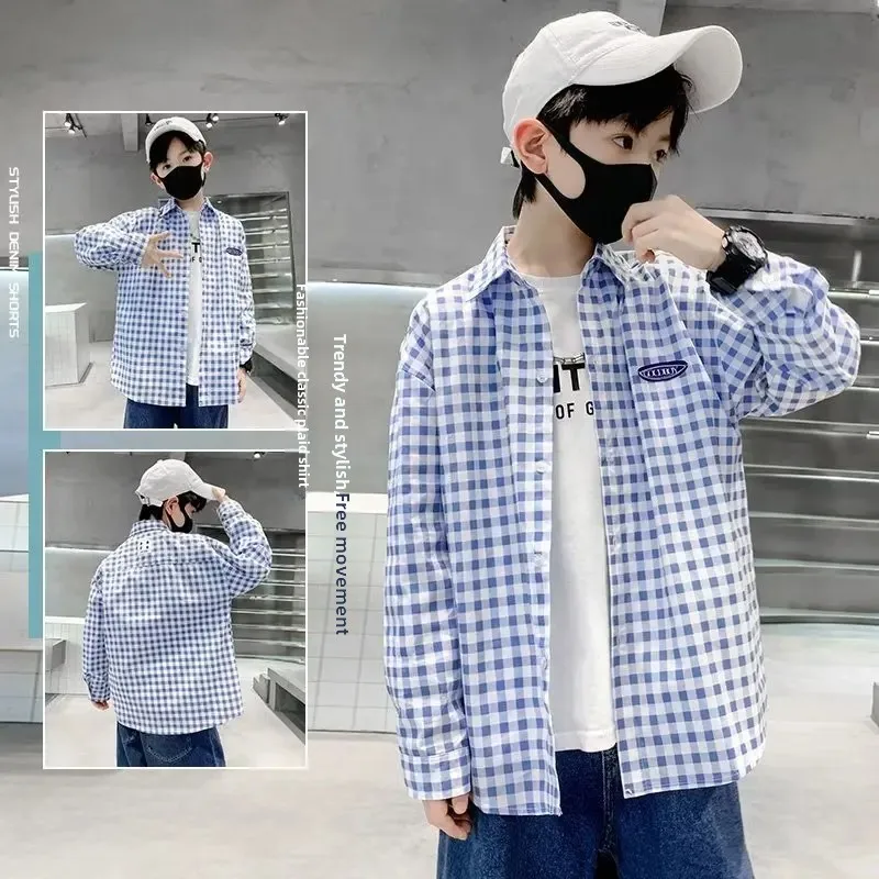 Children's Plaid Long Sleeve Shirt Lapel Collar Casual Top For Middle And Large Children Fashionable Chinese Style Boys Clothing