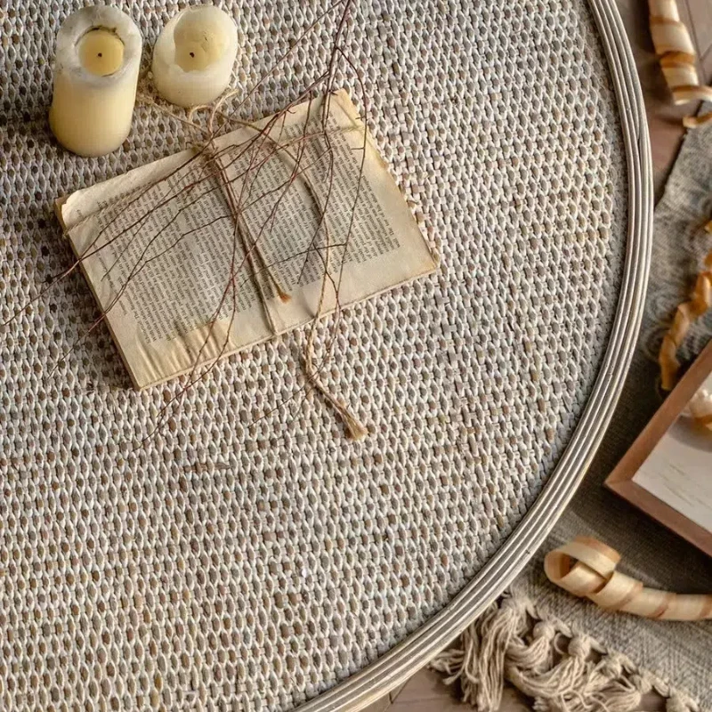 Rattan-woven Minimalist Nature Coffee Table Accent Tea Table Bamboo Cane Round for Living Room