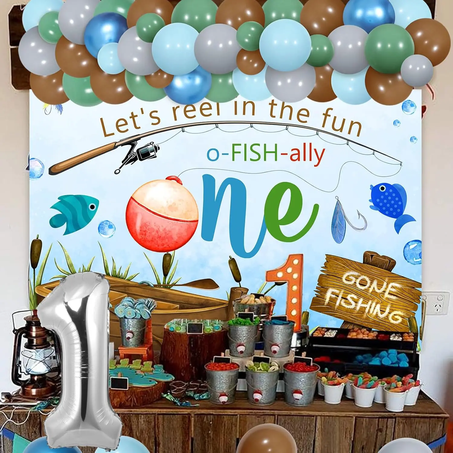 O Fishally One First Birthday Decor Let's Reel in The Fun Backdrop Gone  Fishing Balloon Garland Kit One Year Old Birthday Decor - AliExpress