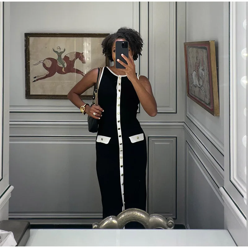 Elegant Single Breasted Knitted Maxi Dress Women Fashion O Neck Sleeveless Fake Pockets Dresses New Lady High Street Robes