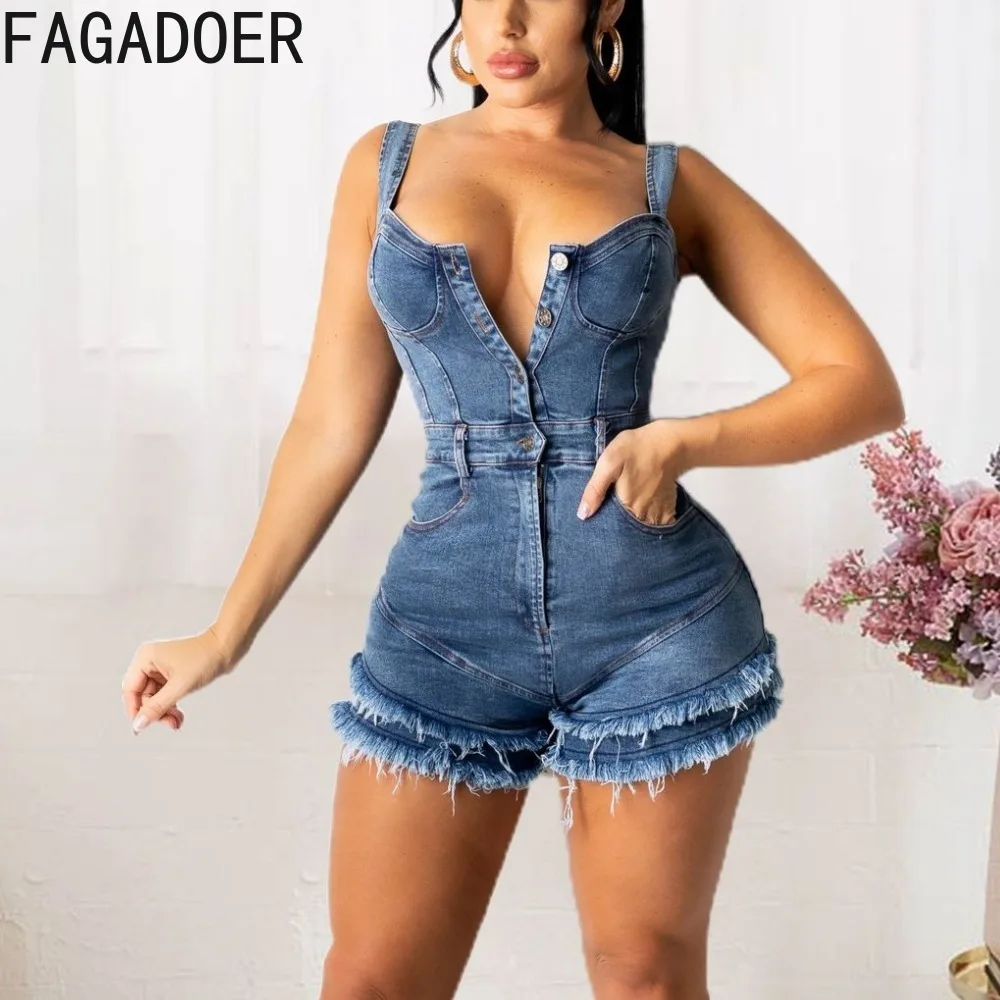 FAGADOER Fashion V Neck Button Denim Rompers Women Strap Sleeveless Bodycon Jumpsuits Blue Casual Tassels Shorts Cowboy Overalls