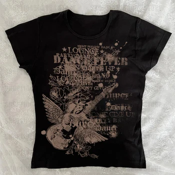Summer Retro 2000s Fitted Short Sleeve T-Shirt Women's Y2K Gothic Graphic Punk Print Streetwear Harajuku Trendy Fashion 2026 New 1