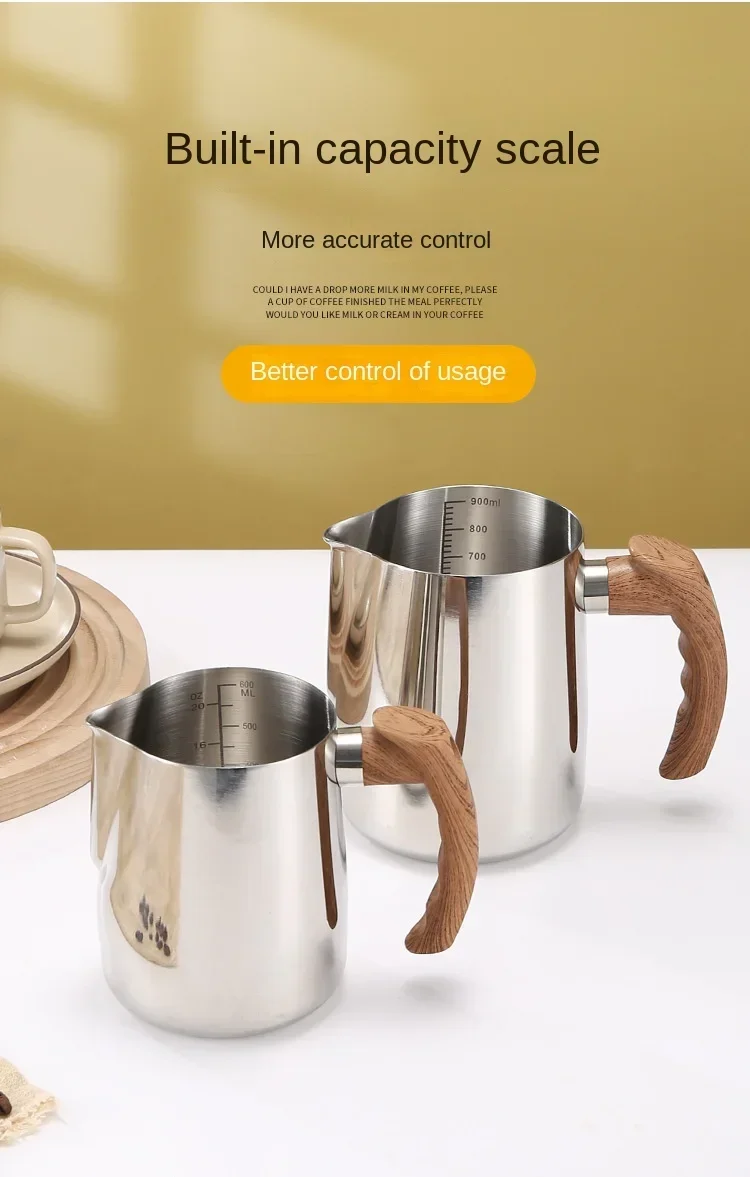 Description Picture 5 of item600/900ML Milk Frothing Pitcher with Precise Scale Wooden Handle Dripless Spout Stainless Steel Latte Coffee Cup Coffeeware