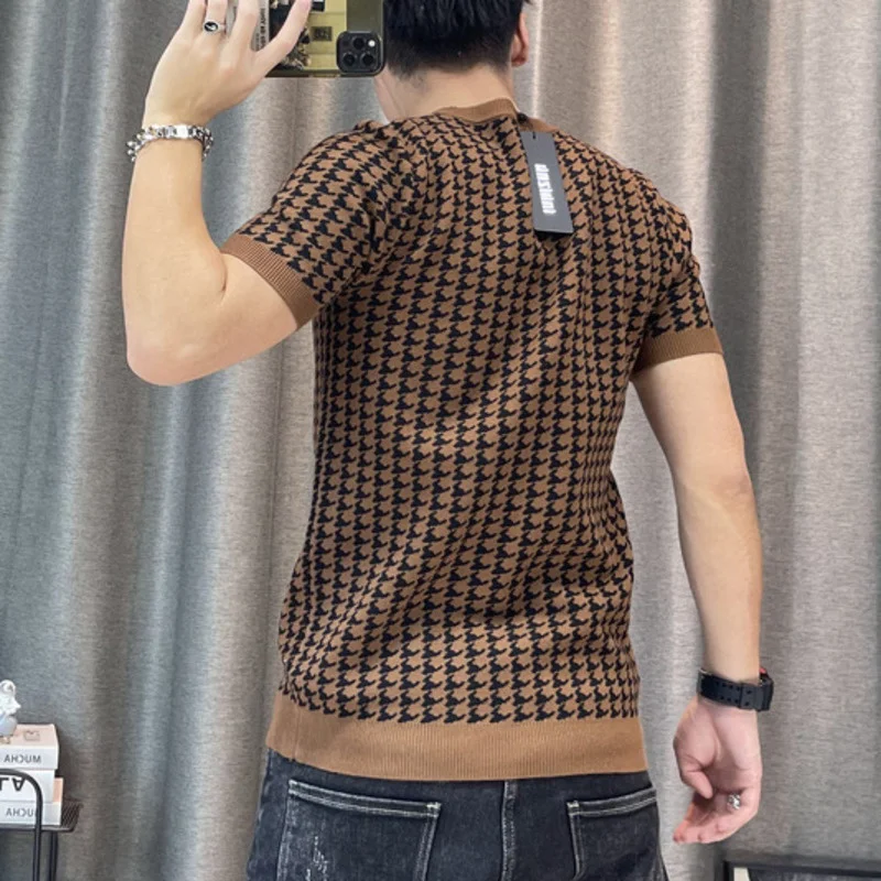 New Houndstooth Men Short Sleeve Sweater T-shirt O-neck