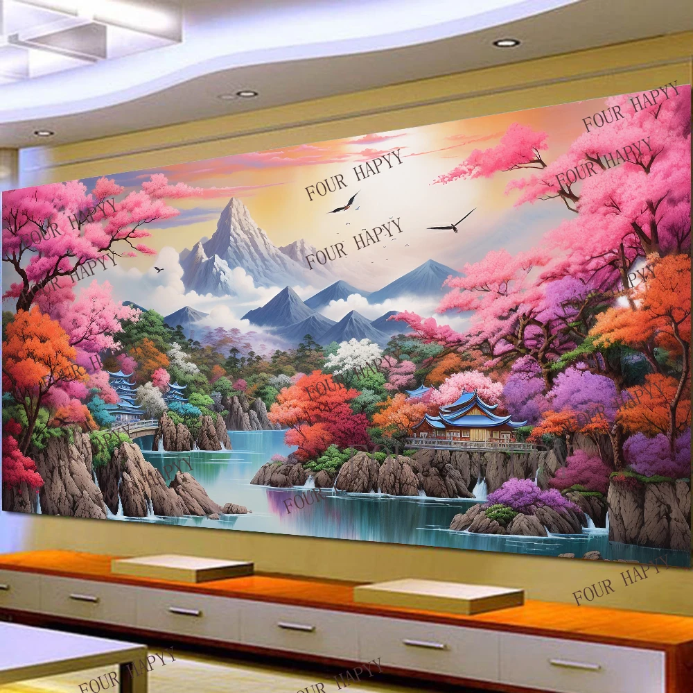 

5D DIY Large Diamond Painting Cross Beautiful Mountains Rivers Cloud Landscape Wall Art, Full Round Drill, Embroidery Home Decor