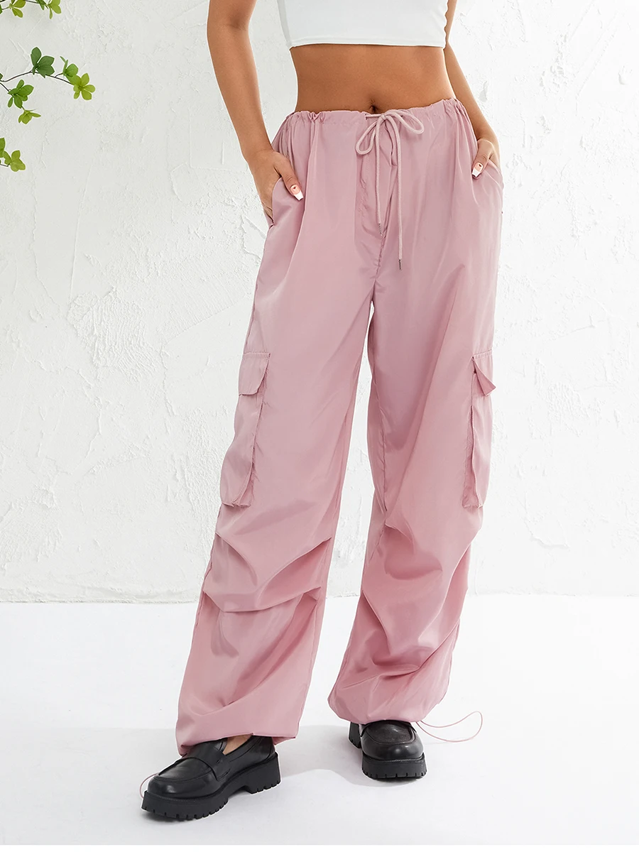 

Female Streetwear Cargo Drawstring Pants Loose Straight Pockets Button Sweatpants Solid Color Casual Summer Spring