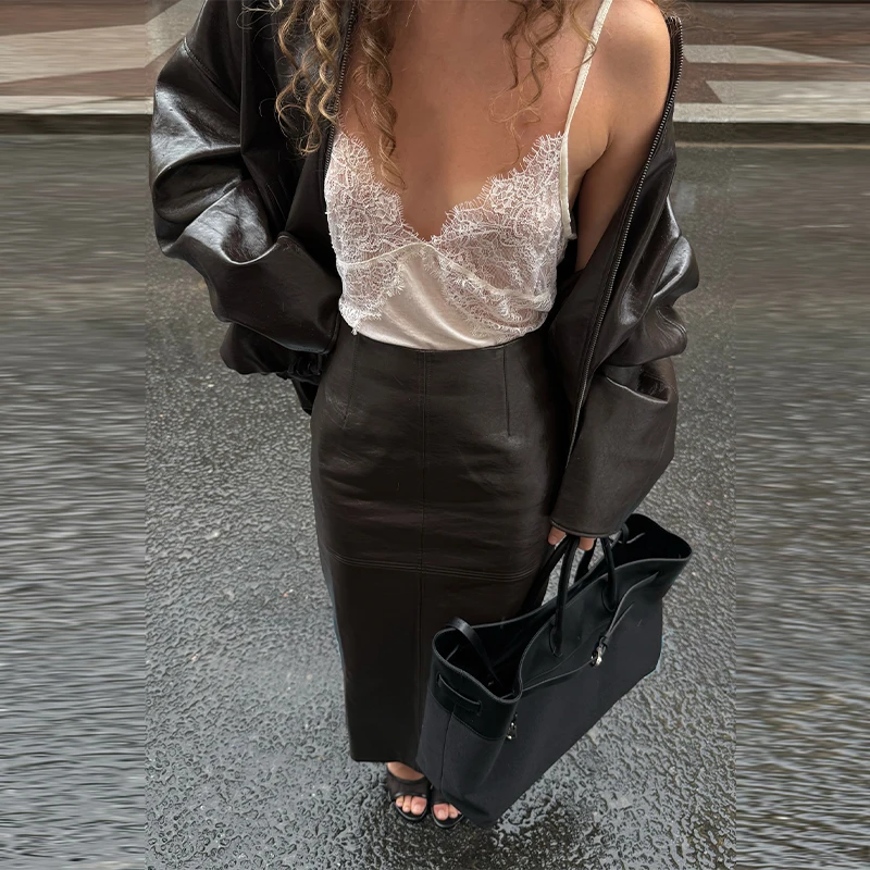 Street Zipper Leather Jackets Skirts Sets Women Loose Stand Collar Full Sleeve Coat Straight Skirt 2025 Autumn Winter Lady Suit S9234c8f2eb3f4558bd32d46e359fadad4