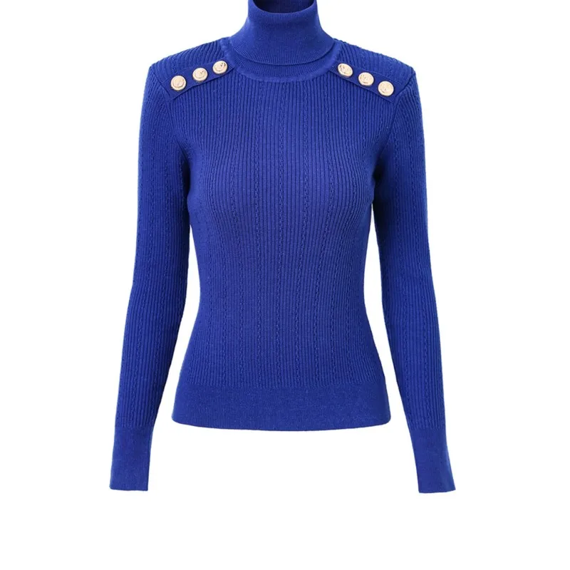 

Winter Warm Pullovers Women Woolen Turtle Neck Casual Quality Royal Blue Knitting Sweater with Shoulder Pads