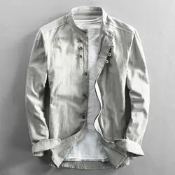 Solid Color Shirt Stand-up Collar Shirt Men's Retro Slim Fit Cardigan Shirt for Fall Winter Office Wear Stand Collar Long Sleeve