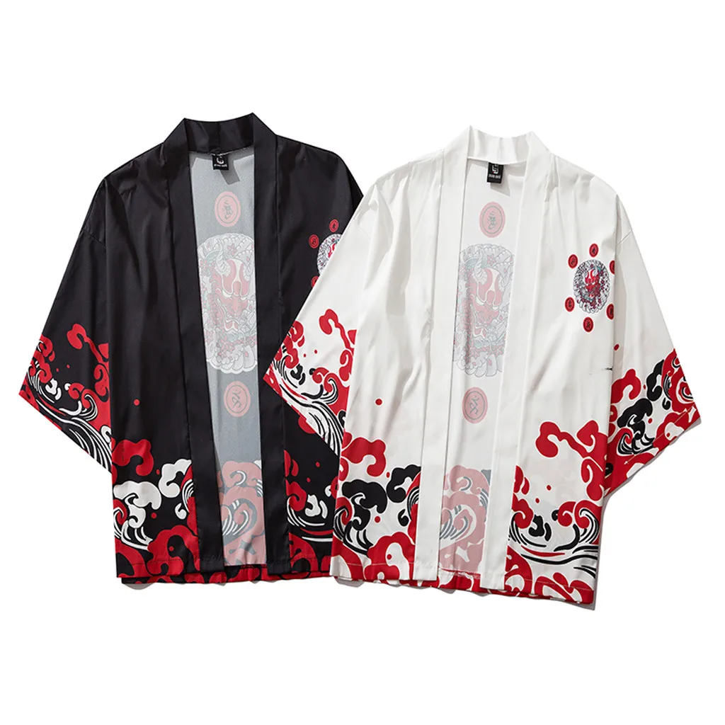 

Японское модное кимоно в стиле Харадзюку 2024, белый и черный кардиган для мужчин и женщин, блузка, хаори Оби, азиатская одежда, Самурай