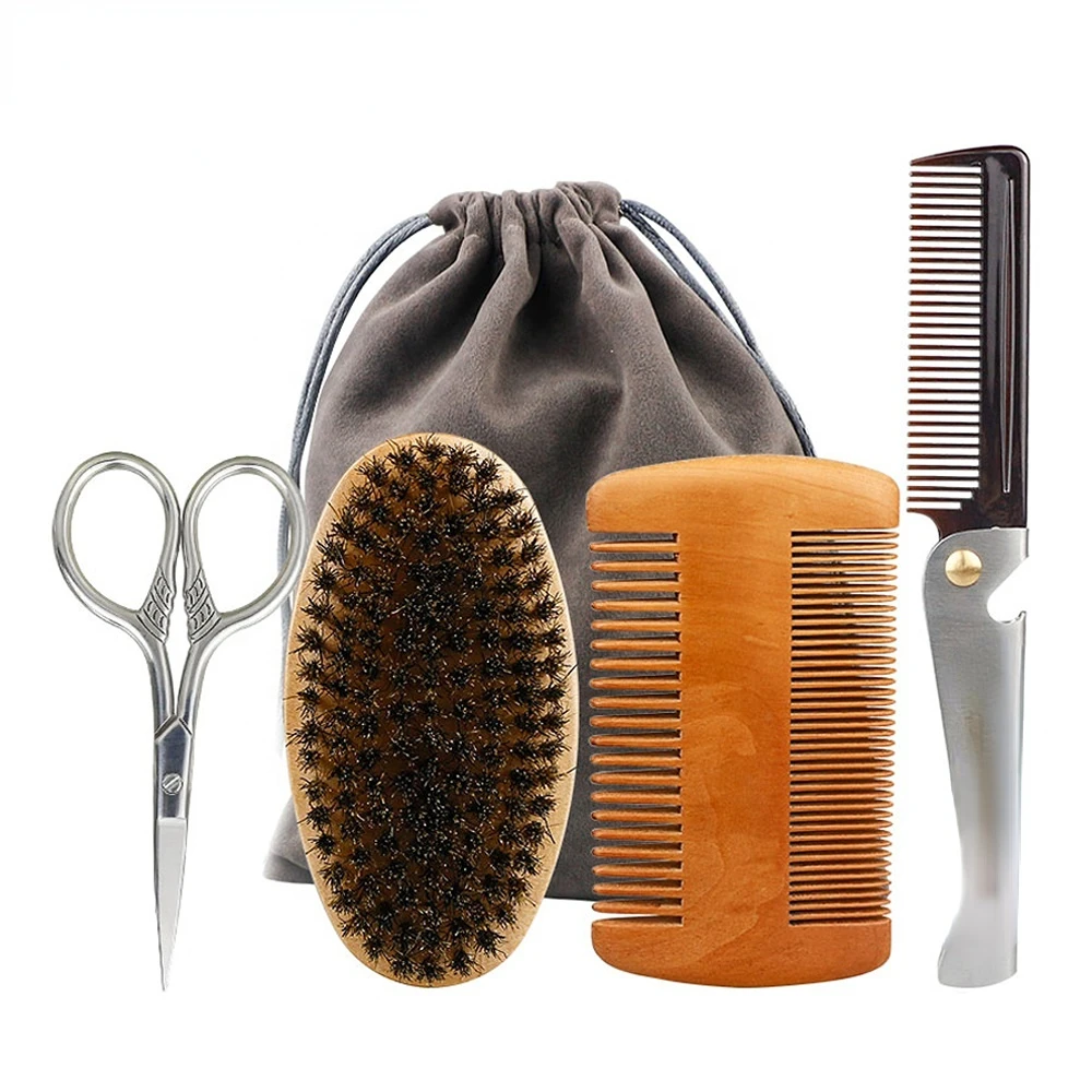 

2/3/4Pcs Beard Set Mustache Grooming Scissors Care Set Massage Brush Beard Comb Wood Beard Grooming Kit For Men