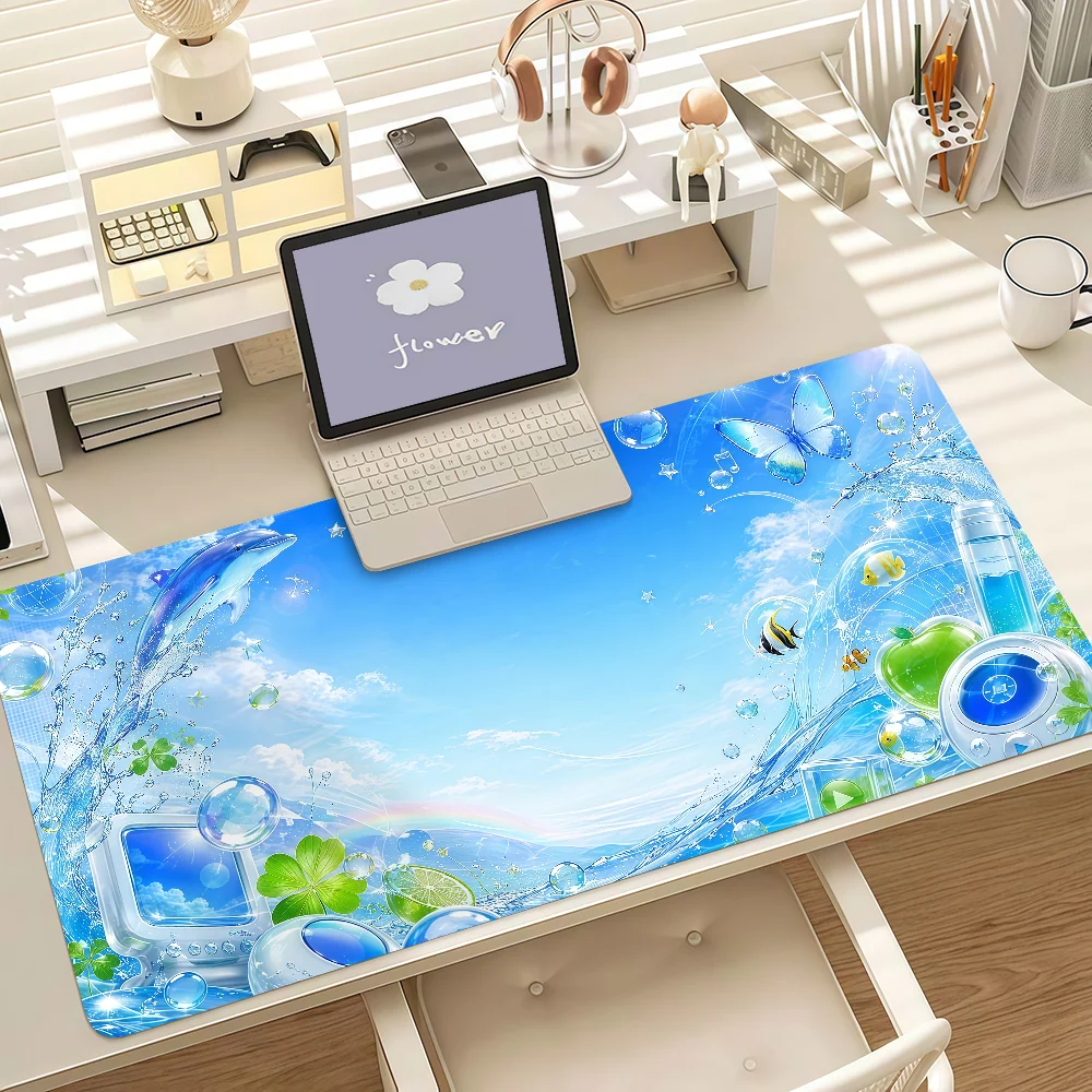 Blue Sea Dolphin Rainbow Print Gaming Mouse Pad - Large, Anti-Slip with Stitched Edges