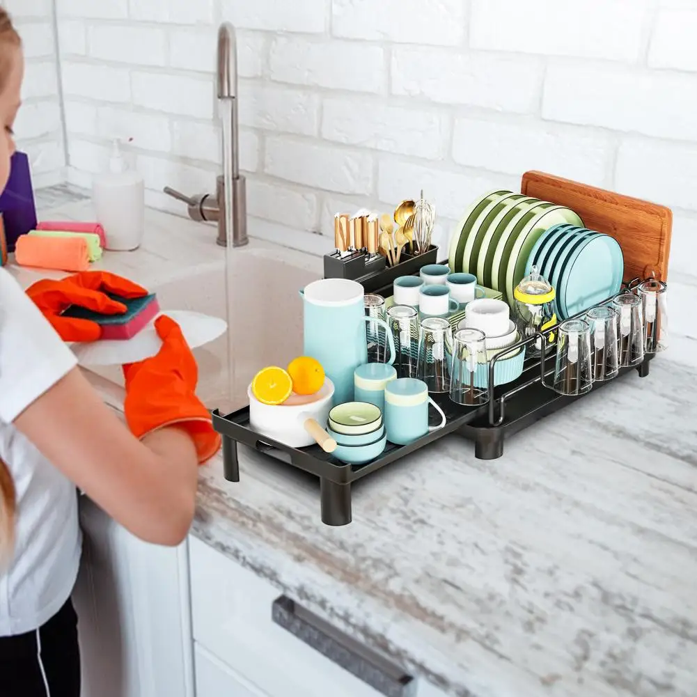 Carbon Steel Dish Drying Rack Adjustable Kitchen Plates Organizer With Drainboard Over Sink Countertop Cutlery Storage Holder ﻿