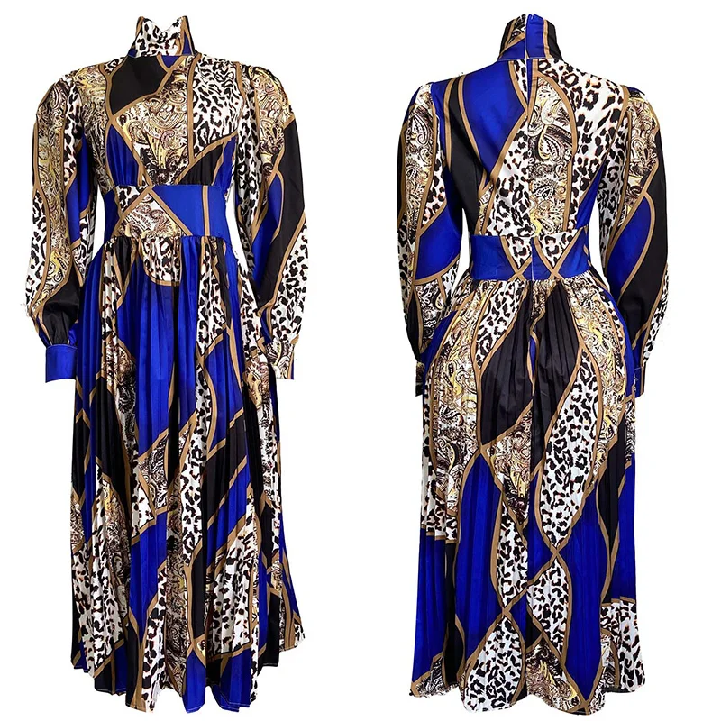 Temperament Women's Clothing Half-high Collar Printing Long Sleeve Basic Elegant Plus Size High Waist Crimp Ankle-Length Dress
