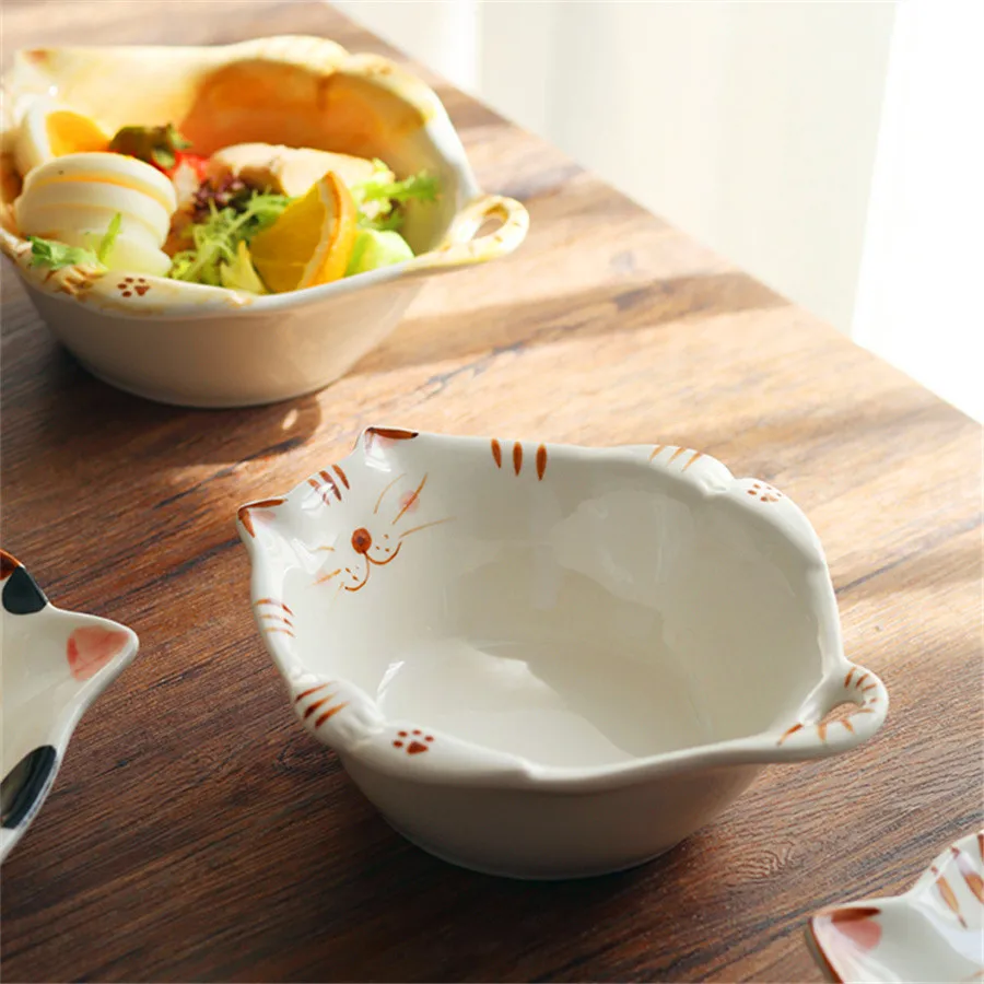 Ceramic Salad Bowl 330ml/11oz Creative Hand Drawn Kitten Bowl Cute Fruit Salad Bowl