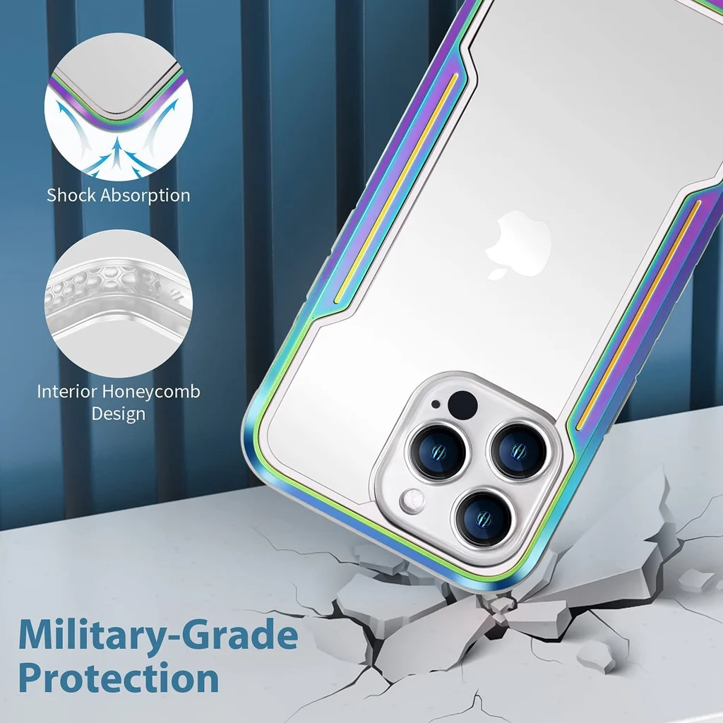 Designed For iPhone 14 Pro Max 13Pro Max Military Grade Metal Frame + Flexible TPU + PC Edge Shockproof 14 Plus Back Clear Cover