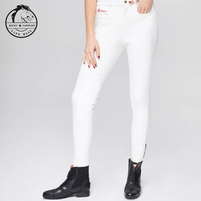 black Rise Knee Patch Performance Tight Breeches embroidery logo anti-wear white pants horse riding safe protection trousers full seat anti wear fashion breeches low waist stretch riding pants horse racing sportswear knight equipment tight fitting