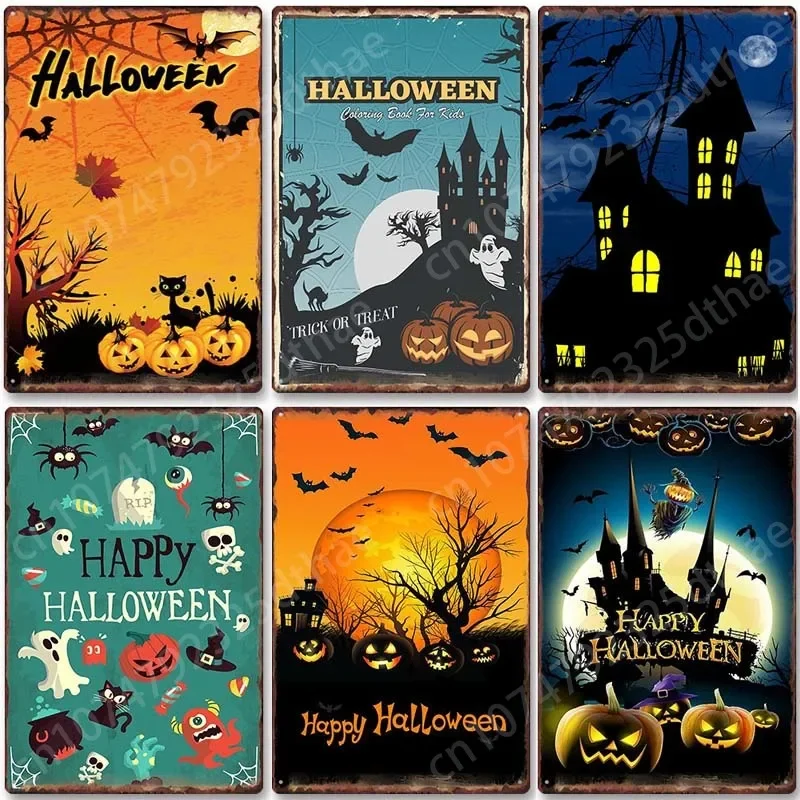 

Halloween Metal Tin Sign Pumpkin Lantern Decor Posters Party Yard Cafe Bar Club Home Living Room Wall Decoration Plaque Gift