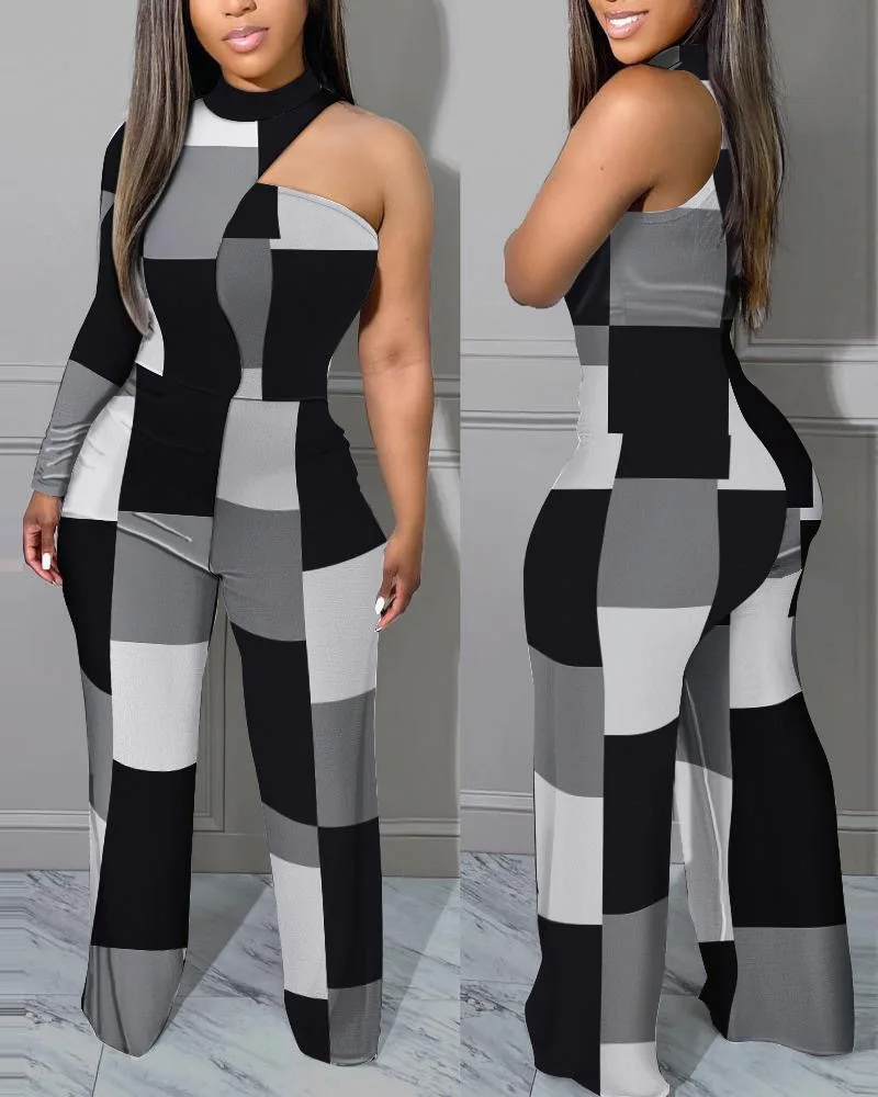 

Women One Shoulder Jumpsuit 2023 Spring Color Contrast Print Single Sleeve Loose Wide Leg Jumpsuit Casual Lady Elegant Jumpsuit